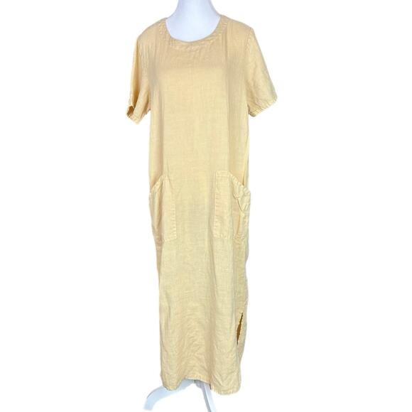 Russ Berens Linen Shift Dress Lagenlook Yellow Size XS Oversized Hand Colored - Picture 1 of 8